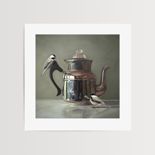 This artwork features a pair of chickadees inspecting a vintage tea kettle.This artwork is from a series featuring tea kettles paired with various objects.