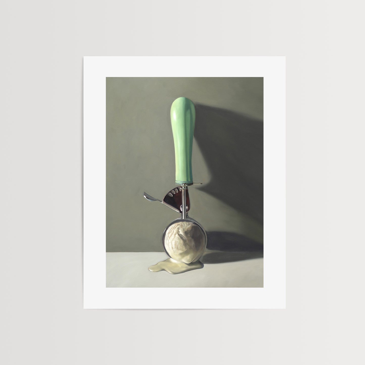 This painting features a vintage ice cream scoop filled with melting vanilla ice cream, set against a softly-lit backdrop of shadows and dramatic lighting.