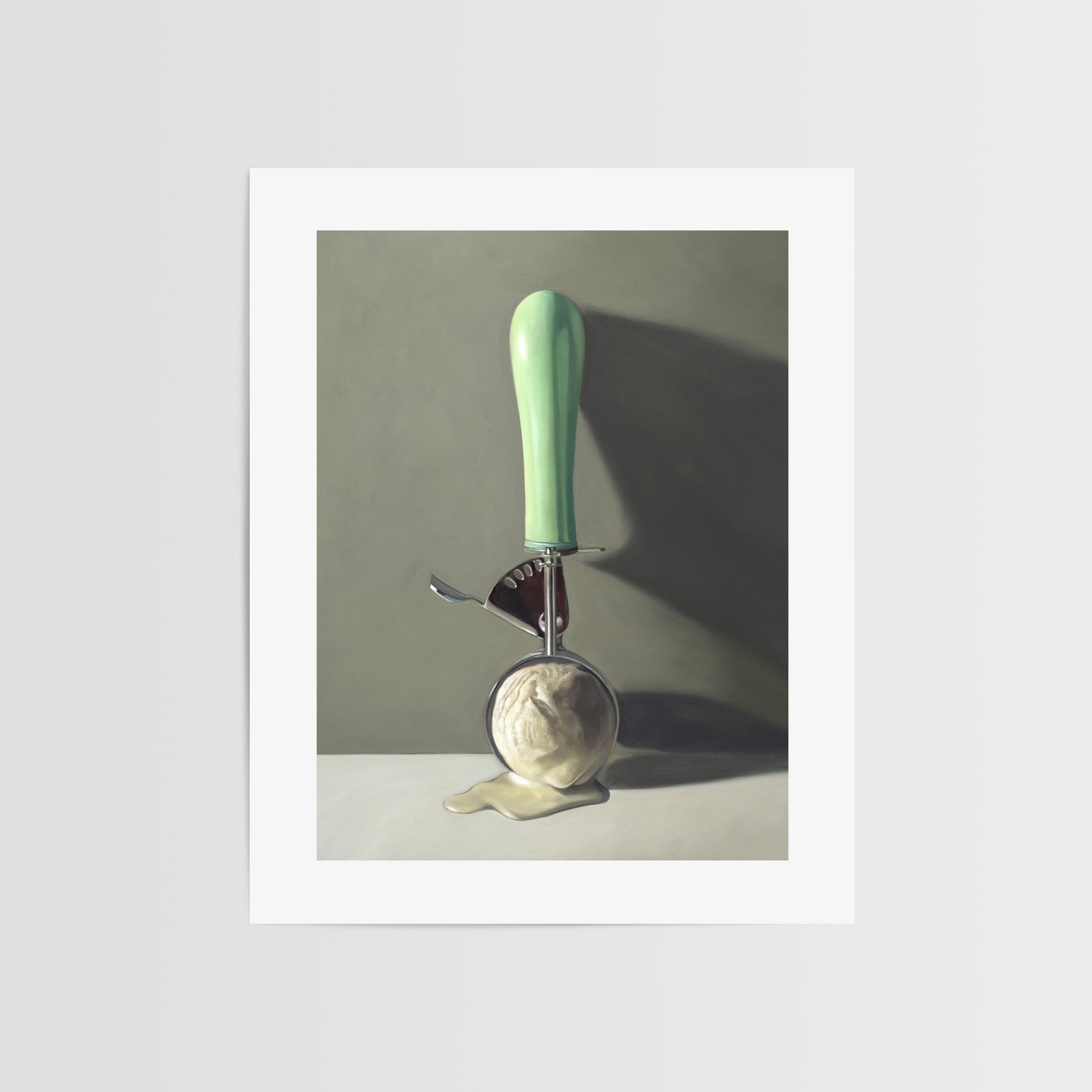 This painting features a vintage ice cream scoop filled with melting vanilla ice cream, set against a softly-lit backdrop of shadows and dramatic lighting.