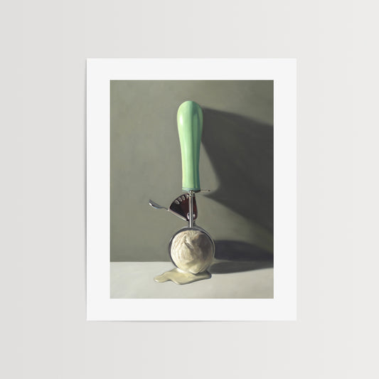 This painting features a vintage ice cream scoop filled with melting vanilla ice cream, set against a softly-lit backdrop of shadows and dramatic lighting.