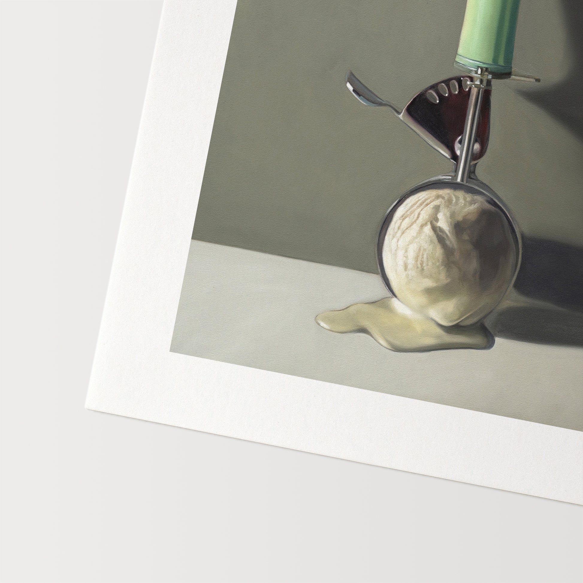 This painting features a vintage ice cream scoop filled with melting vanilla ice cream, set against a softly-lit backdrop of shadows and dramatic lighting.