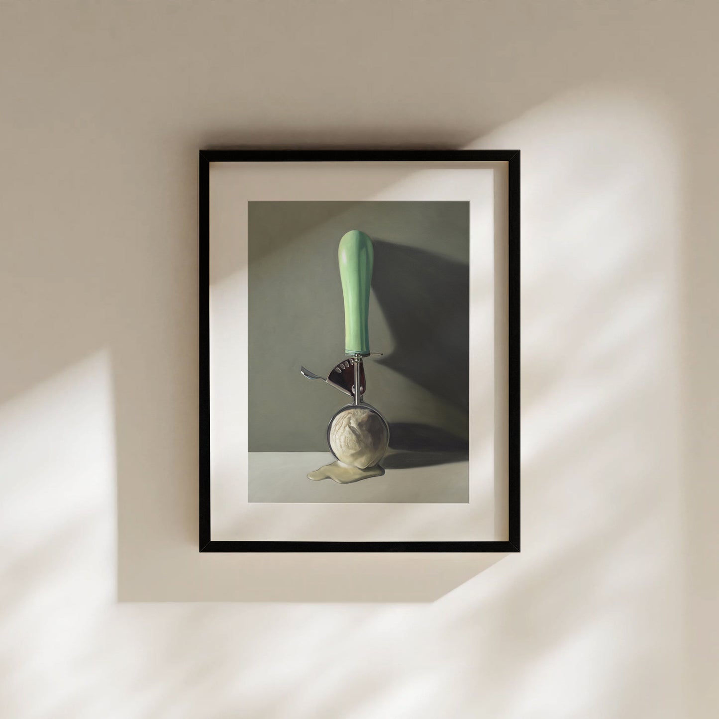 This painting features a vintage ice cream scoop filled with melting vanilla ice cream, set against a softly-lit backdrop of shadows and dramatic lighting.