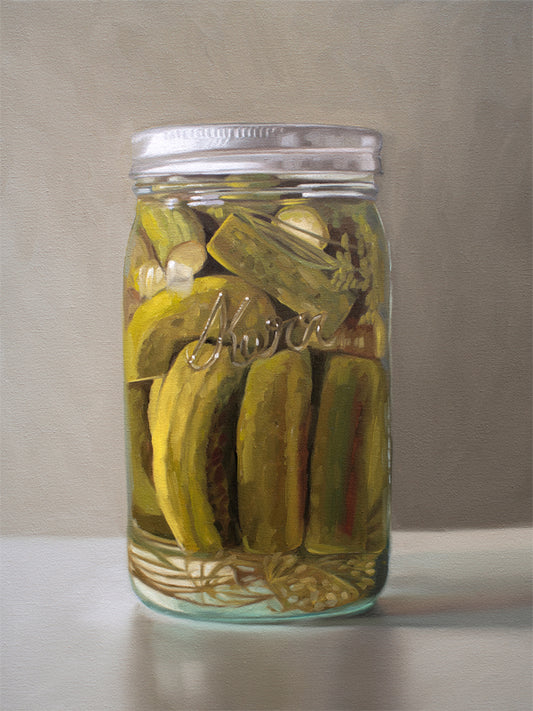This artwork features a jar of homemade pickles, fresh from the garden.