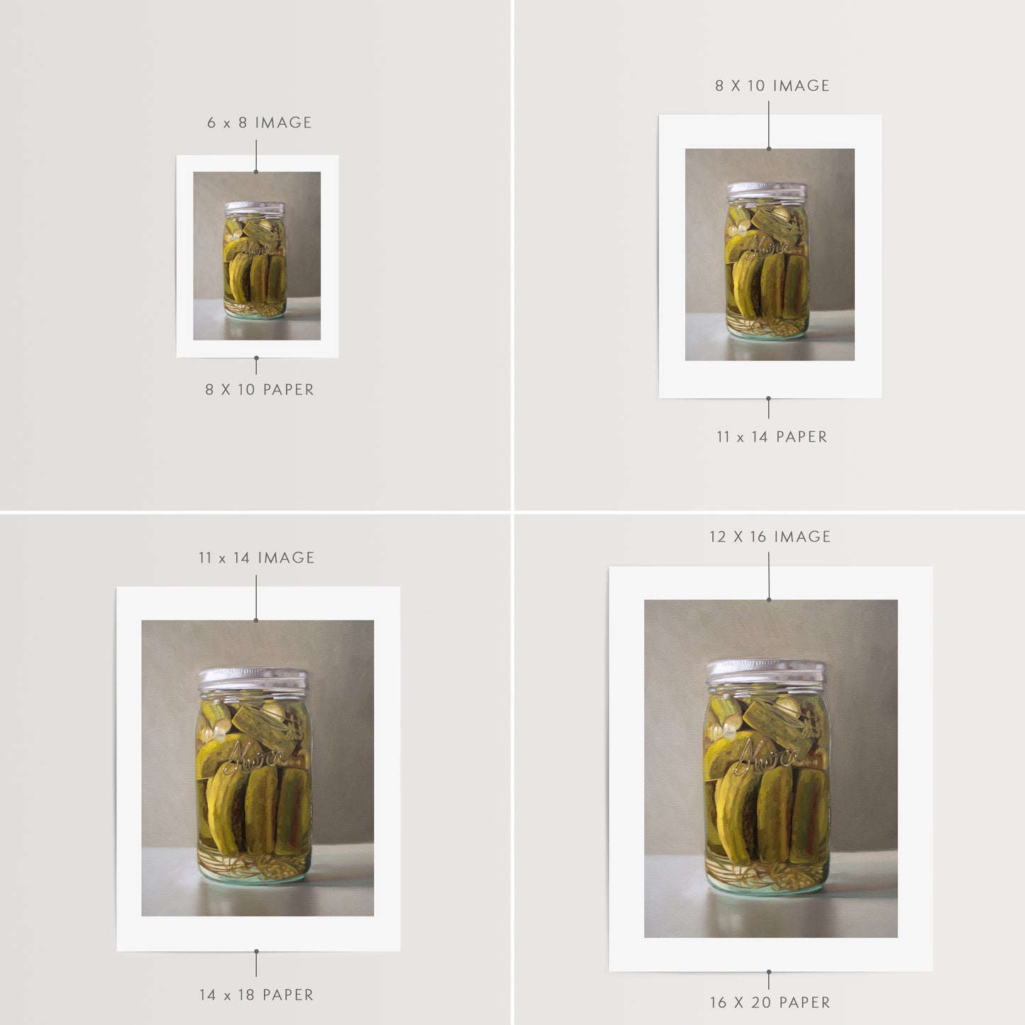 This artwork features a jar of homemade pickles, fresh from the garden.