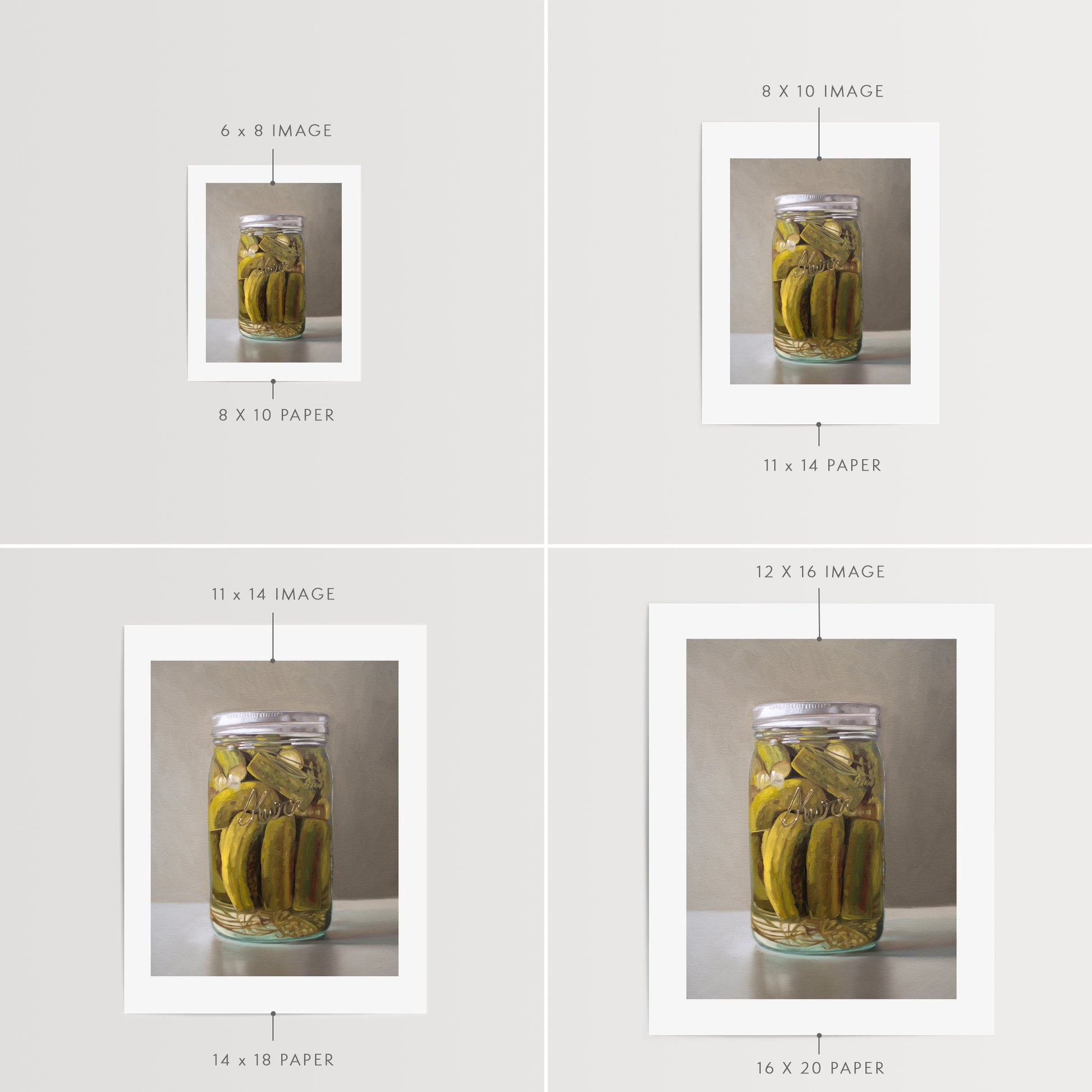 This artwork features a jar of homemade pickles, fresh from the garden.