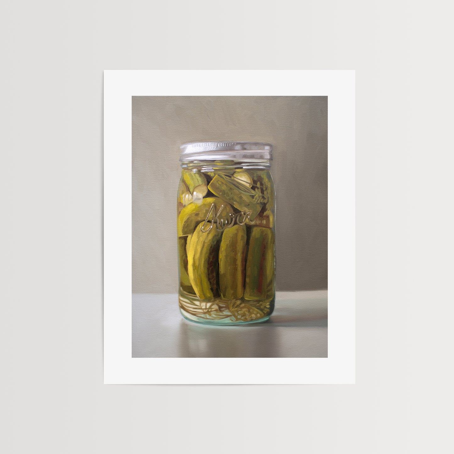This artwork features a jar of homemade pickles, fresh from the garden.