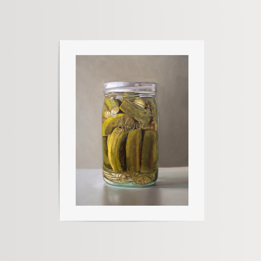 This artwork features a jar of homemade pickles, fresh from the garden.