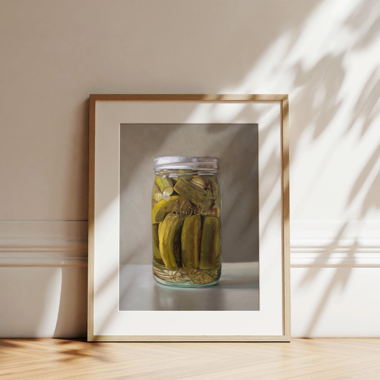 This artwork features a jar of homemade pickles, fresh from the garden.