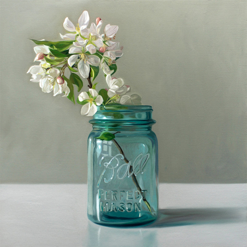 This artwork features a vintage blue jar filled with white crabapple blossoms.