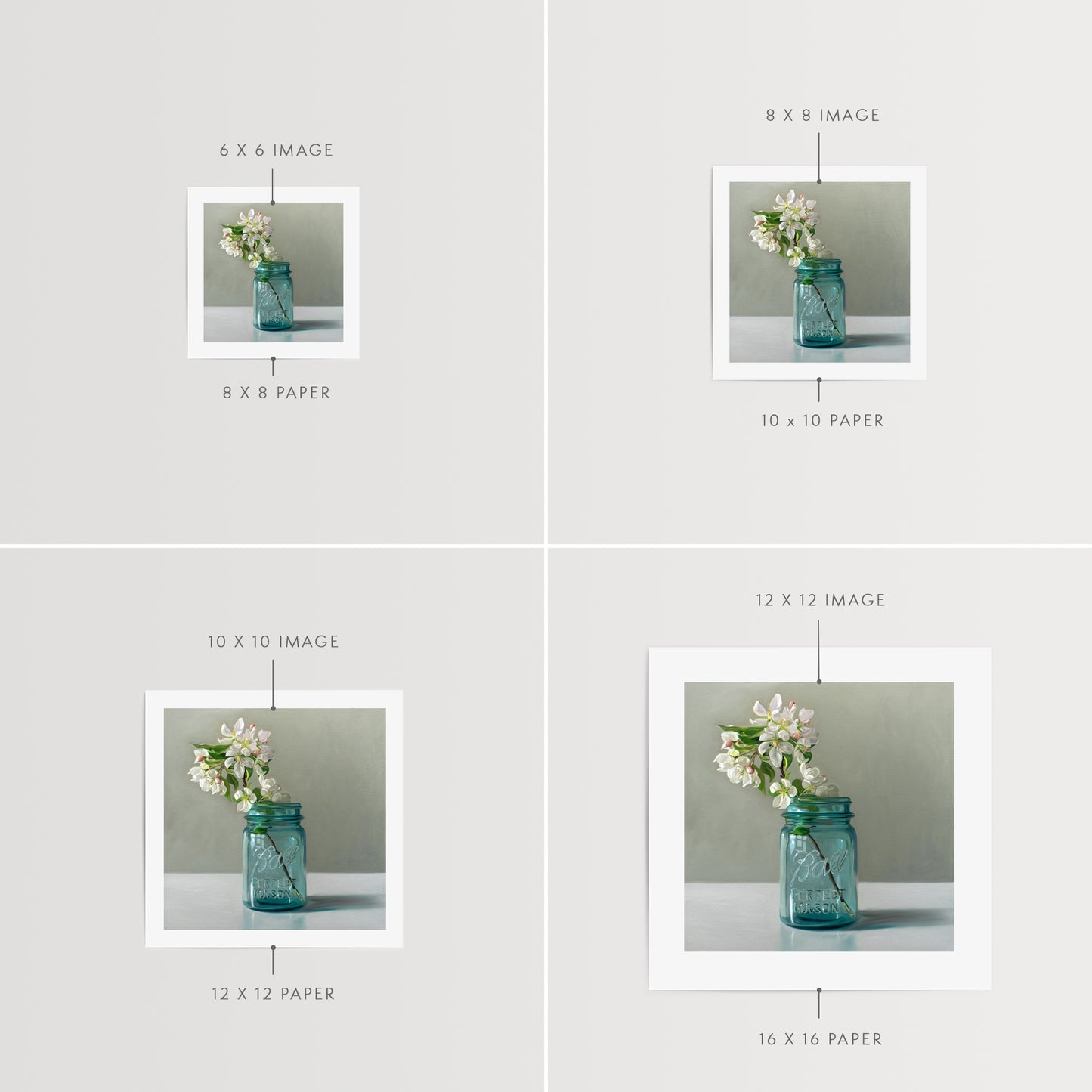 This artwork features a vintage blue jar filled with white crabapple blossoms.
