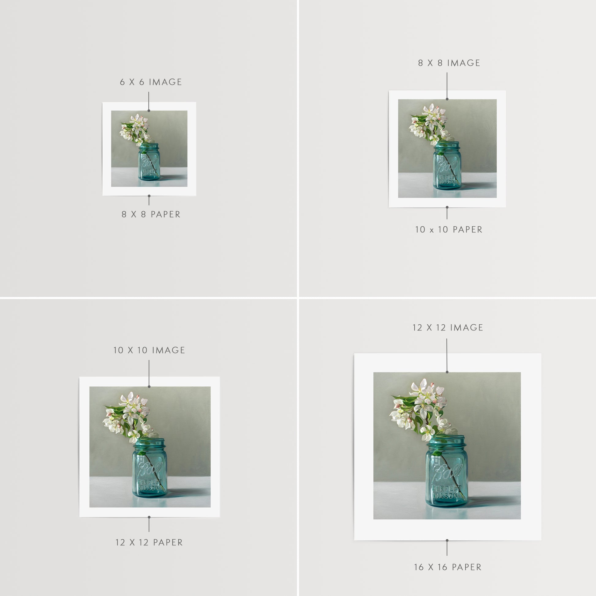 This artwork features a vintage blue jar filled with white crabapple blossoms.