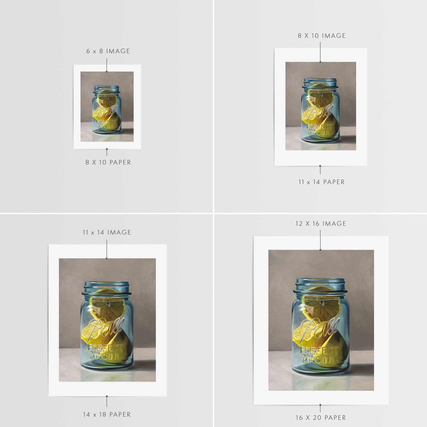 This artwork features a vintage turquoise jar containing a trio of lemon halves.