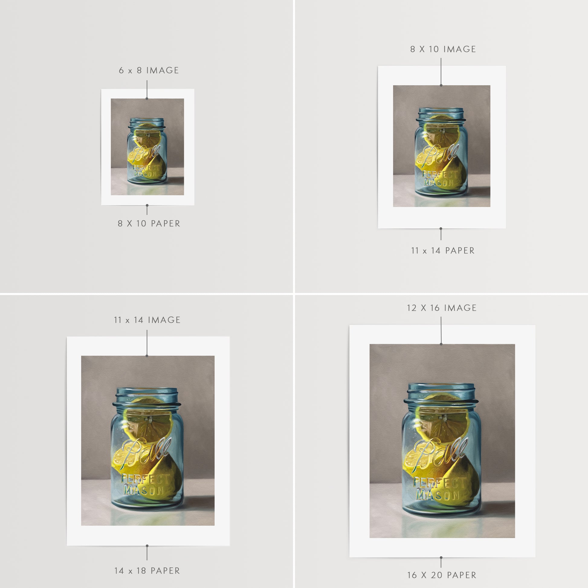 This artwork features a vintage turquoise jar containing a trio of lemon halves.
