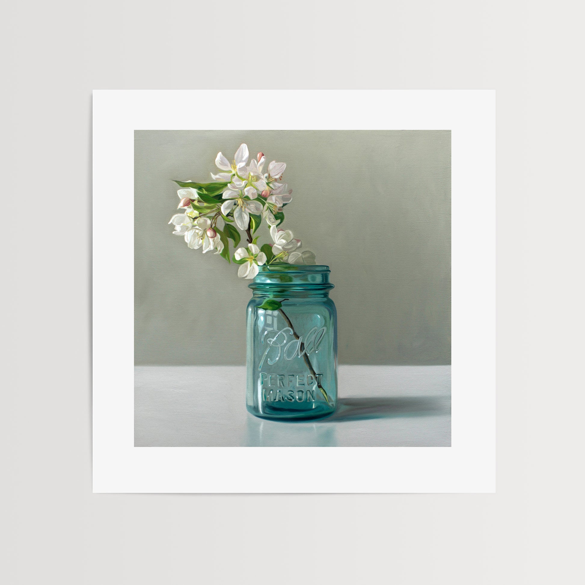 This artwork features a vintage blue jar filled with white crabapple blossoms.