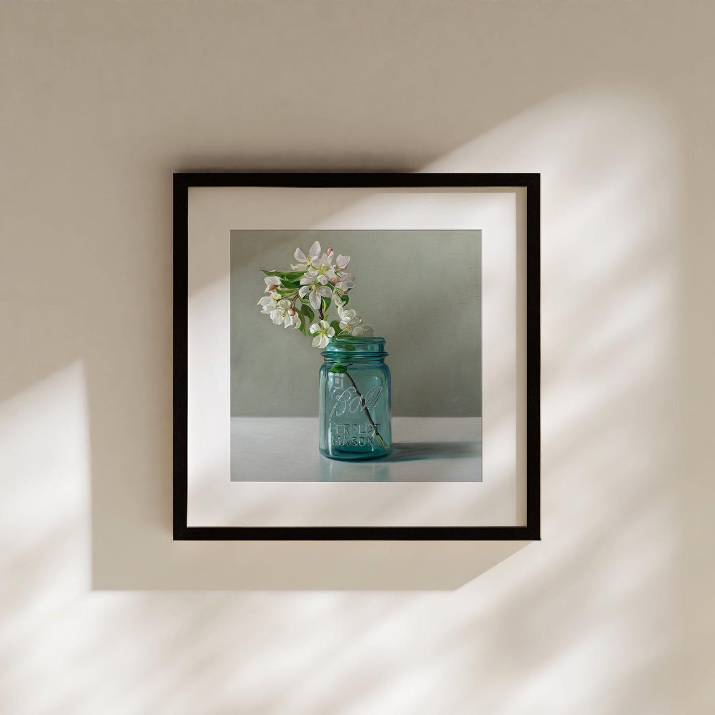 This artwork features a vintage blue jar filled with white crabapple blossoms.
