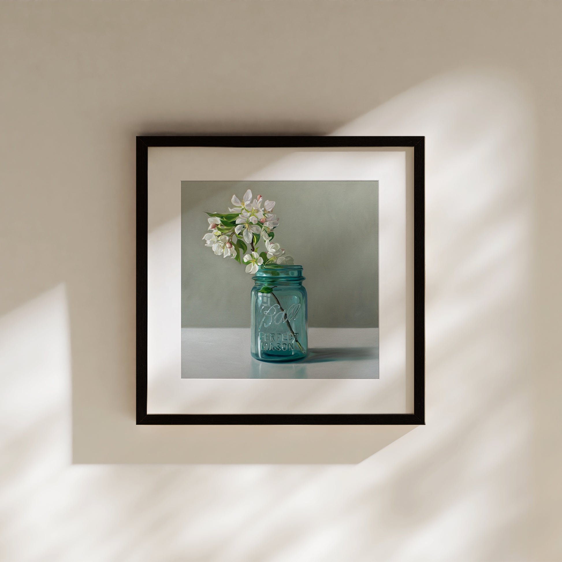 This artwork features a vintage blue jar filled with white crabapple blossoms.