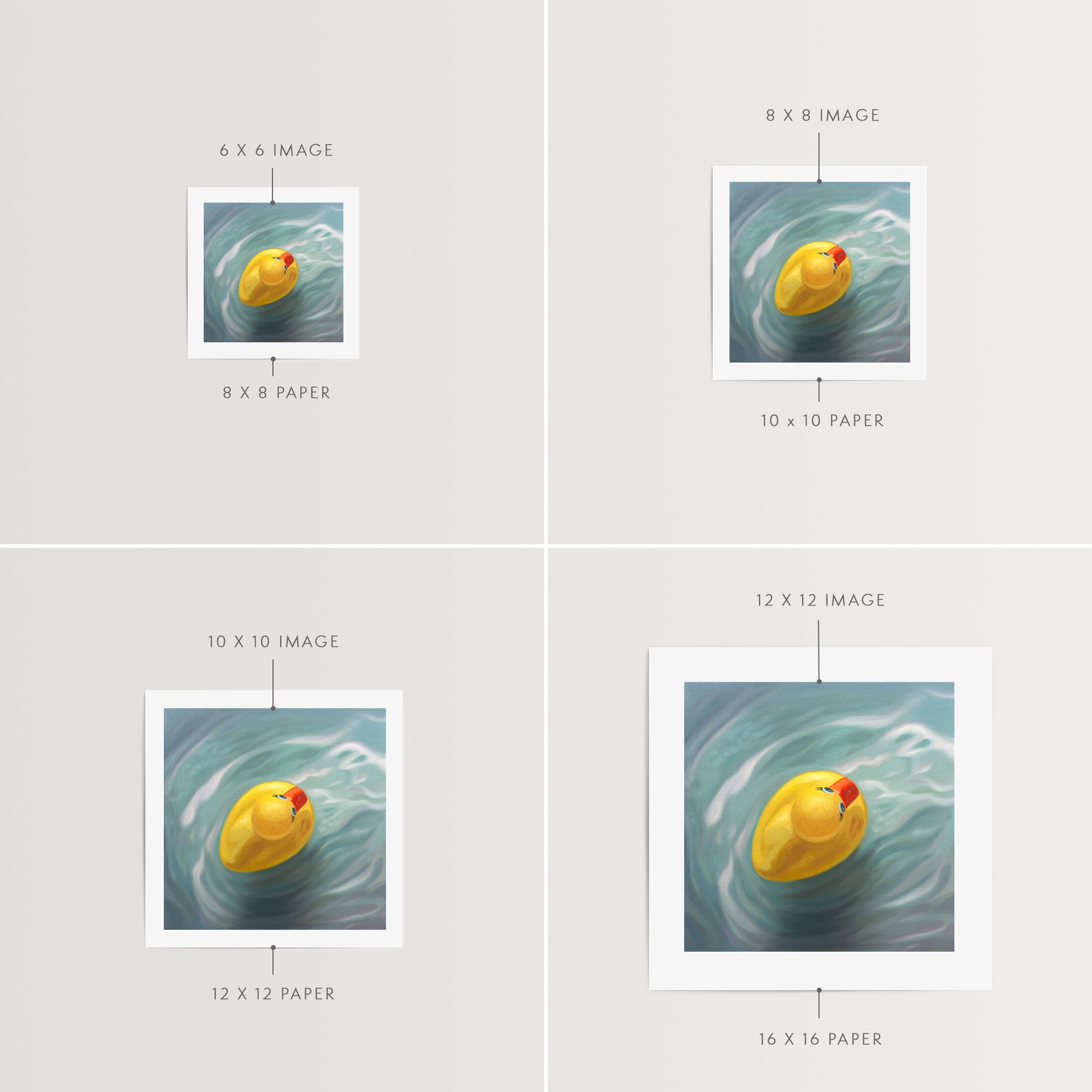 This artwork features a single rubber ducky floating in blue rippled water from above.