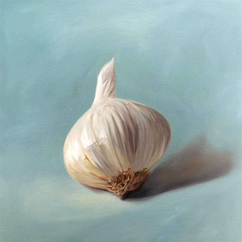 This artwork features a single garlic bulb with on a neutral light blue background.