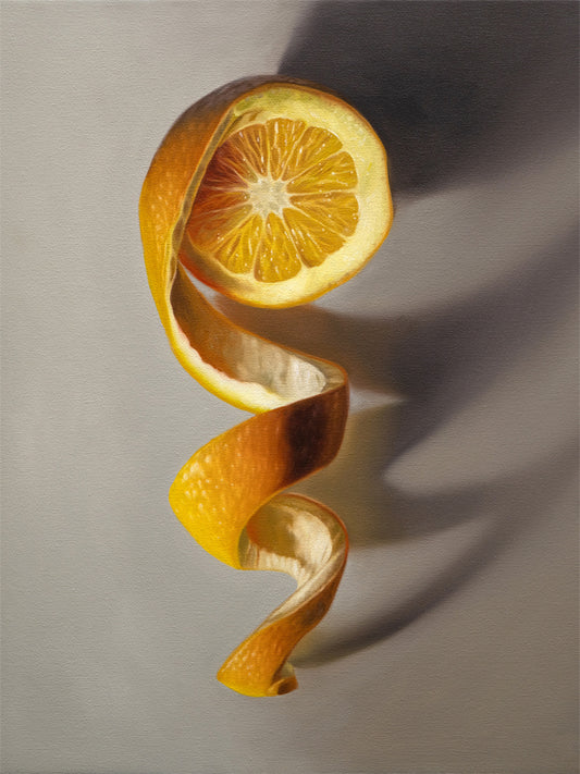 This artwork features a freshly sliced orange with its peeling spiraling in a downward fashion with dramatic side-lighting creating interesting cast shadows.