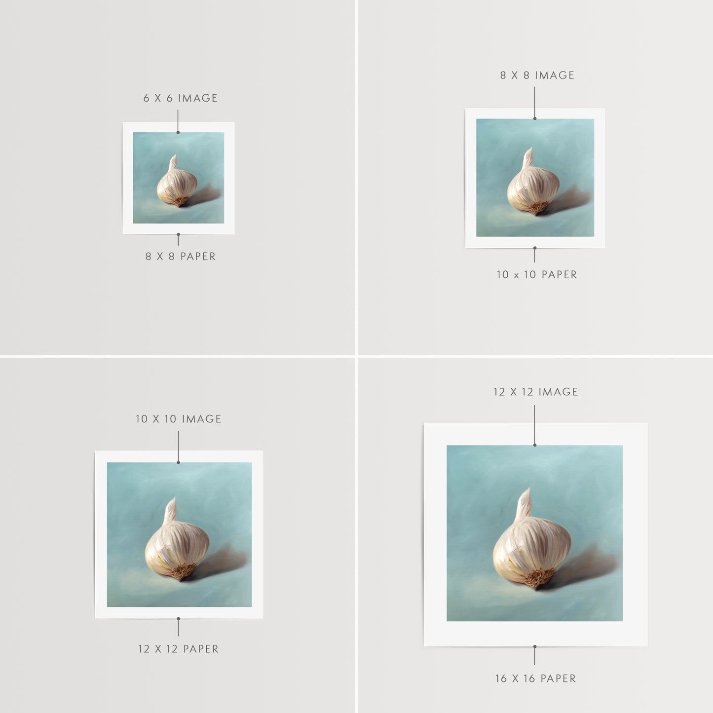 This artwork features a single garlic bulb with on a neutral light blue background.