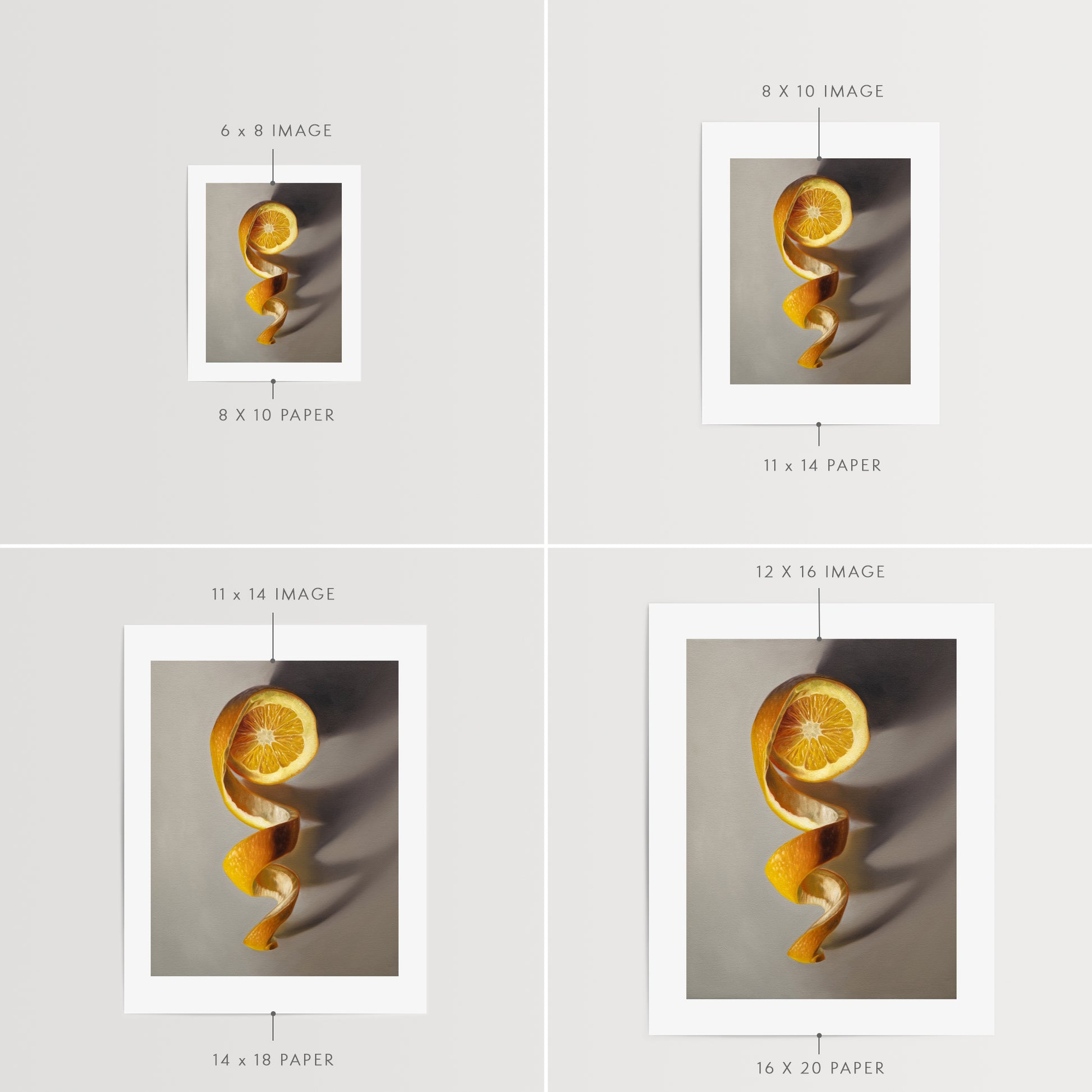 This artwork features a freshly sliced orange with its peeling spiraling in a downward fashion with dramatic side-lighting creating interesting cast shadows.