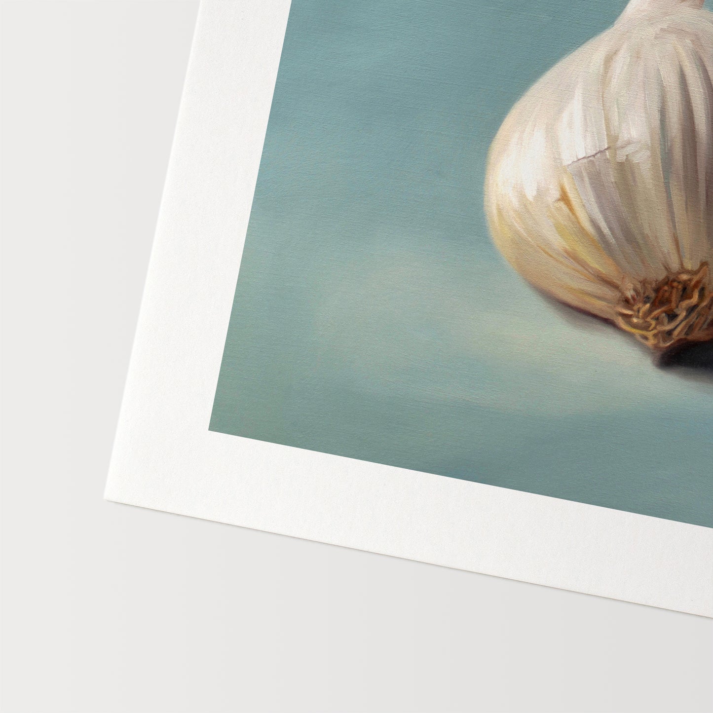 This artwork features a single garlic bulb with on a neutral light blue background.