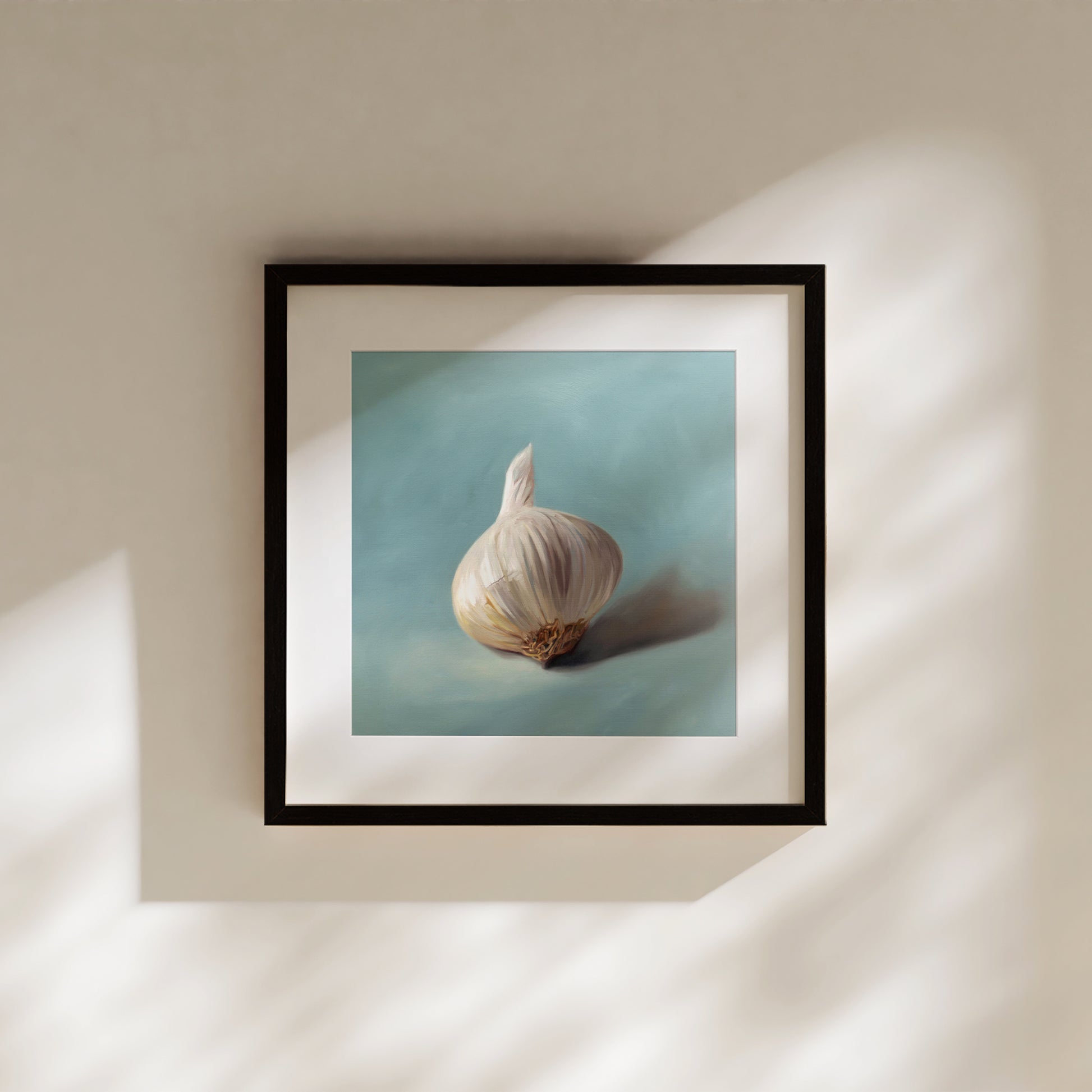 This artwork features a single garlic bulb with on a neutral light blue background.