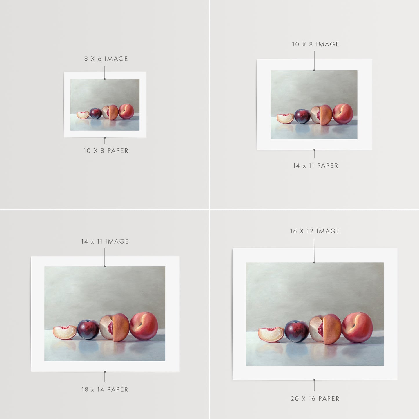 This artwork features a pair of peaches and a single plum resting on a light, reflective surface.