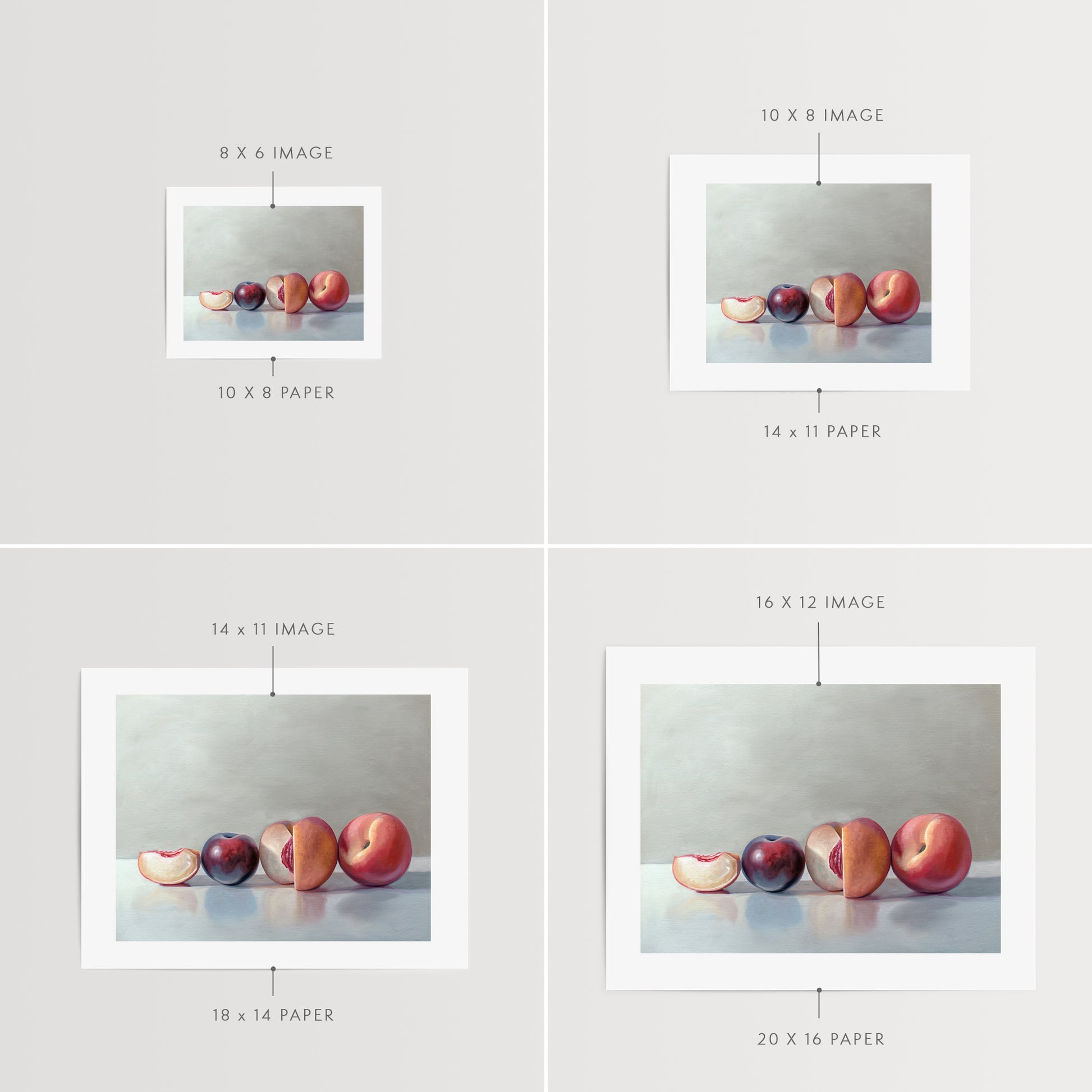 This artwork features a pair of peaches and a single plum resting on a light, reflective surface.