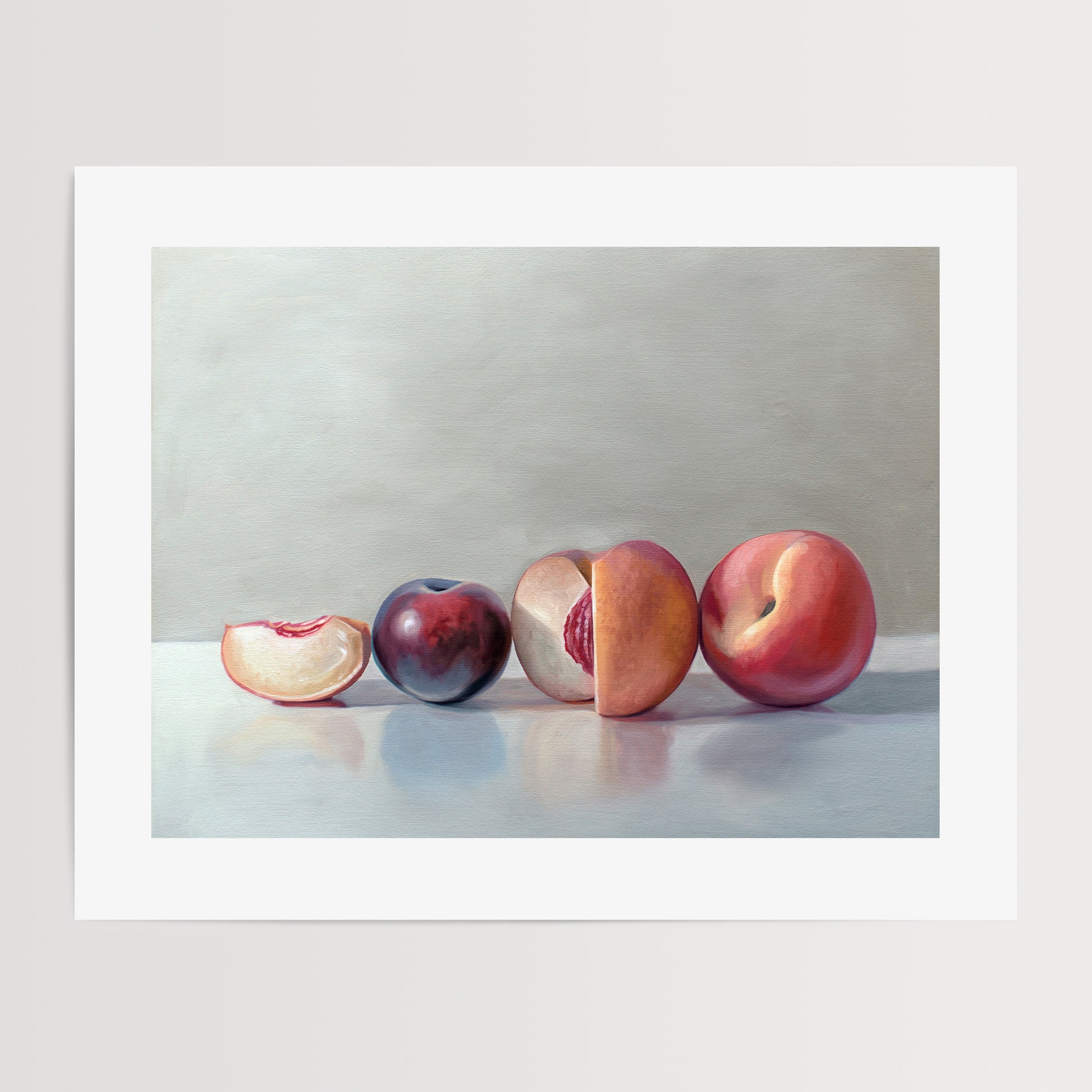 This artwork features a pair of peaches and a single plum resting on a light, reflective surface.
