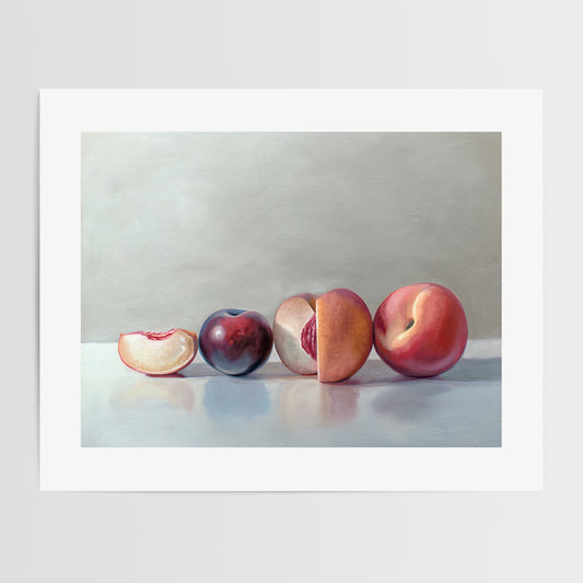 This artwork features a pair of peaches and a single plum resting on a light, reflective surface.