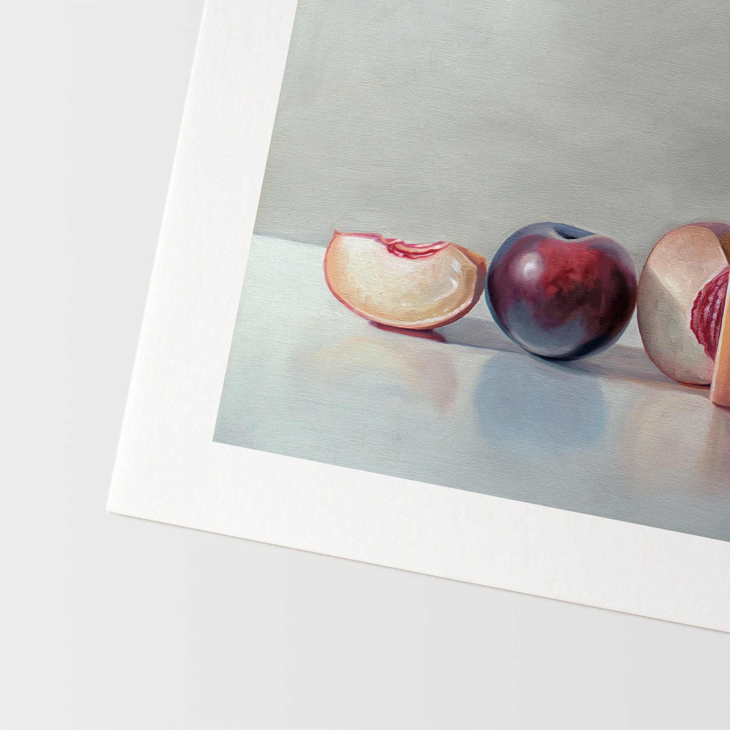 This artwork features a pair of peaches and a single plum resting on a light, reflective surface.