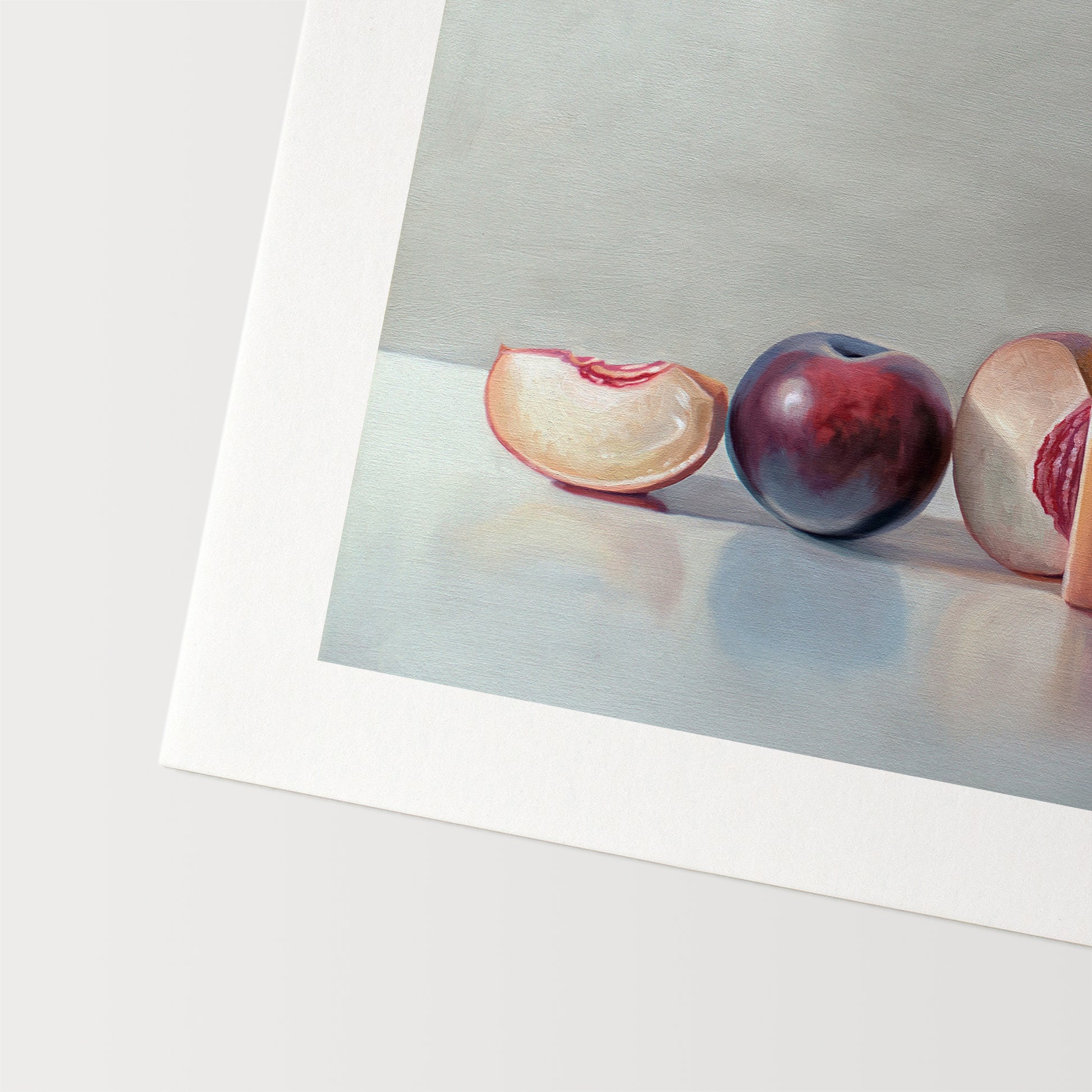 This artwork features a pair of peaches and a single plum resting on a light, reflective surface.