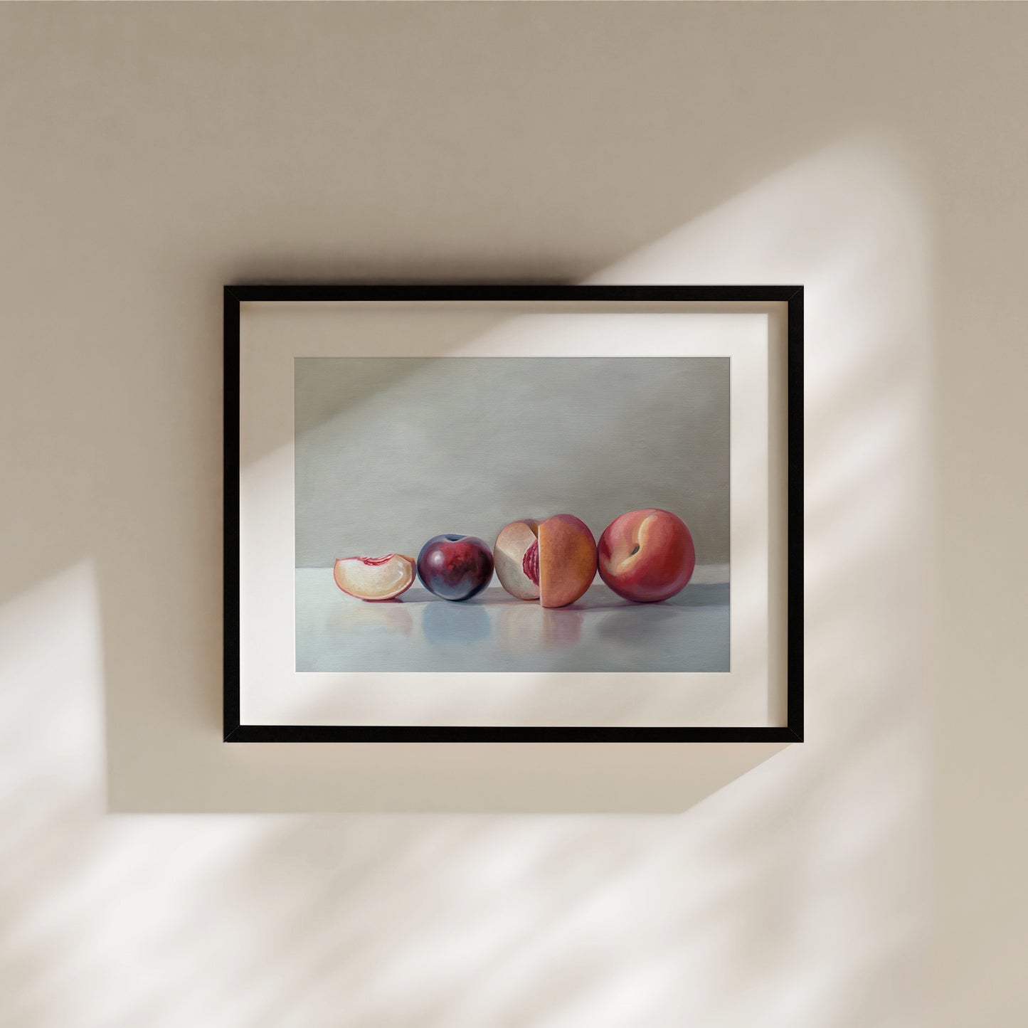 This artwork features a pair of peaches and a single plum resting on a light, reflective surface.