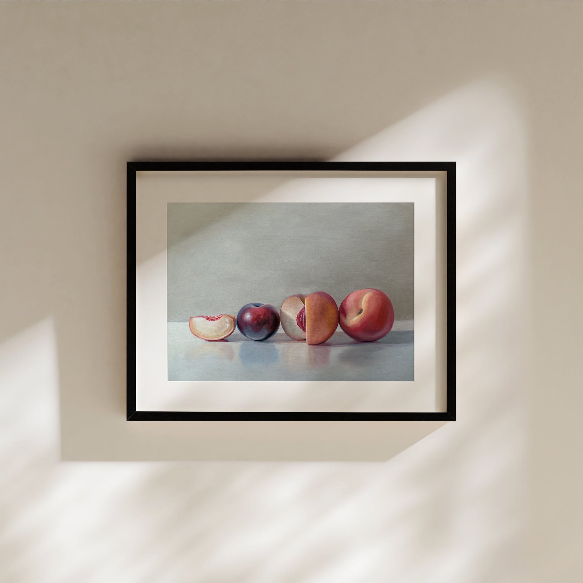 This artwork features a pair of peaches and a single plum resting on a light, reflective surface.