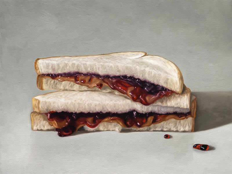 This artwork features a stacked peanut butter and jelly sandwich resting on a neutral grey surface.