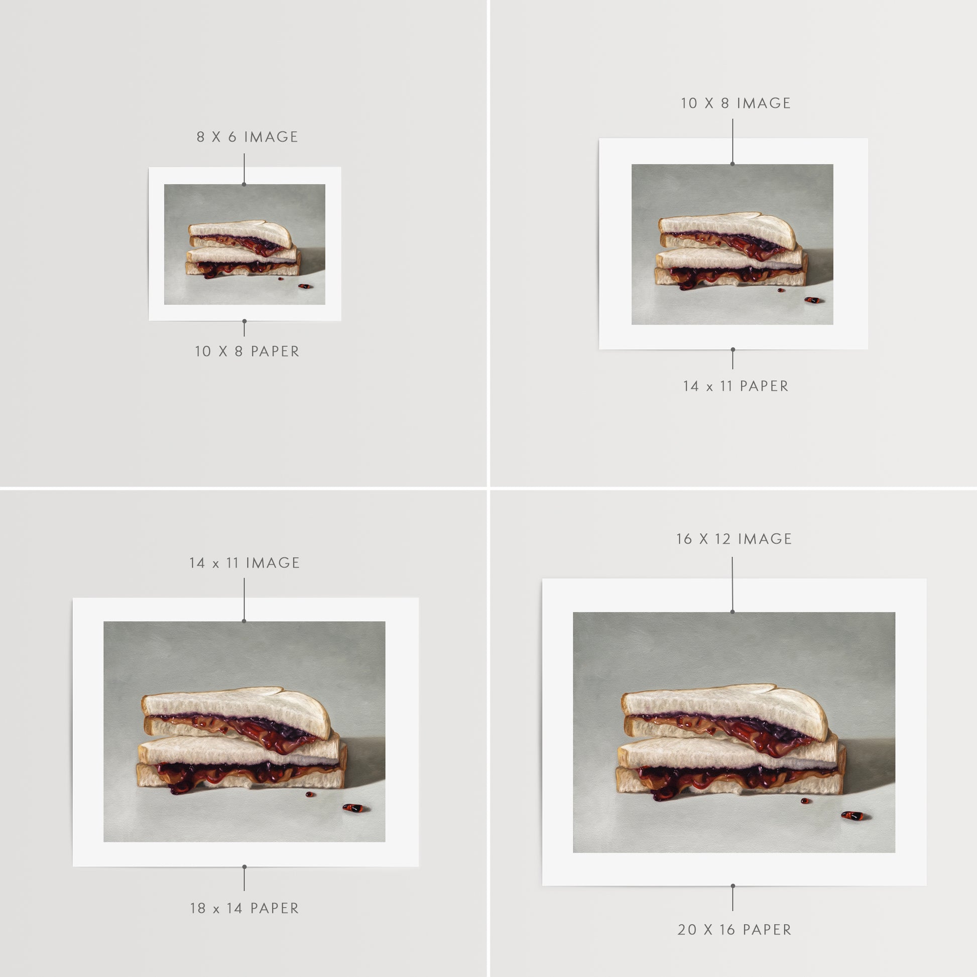 This artwork features a stacked peanut butter and jelly sandwich resting on a neutral grey surface.
