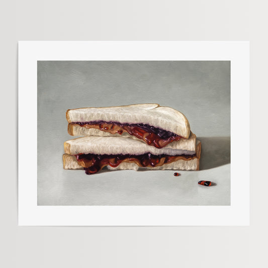 This artwork features a stacked peanut butter and jelly sandwich resting on a neutral grey surface.