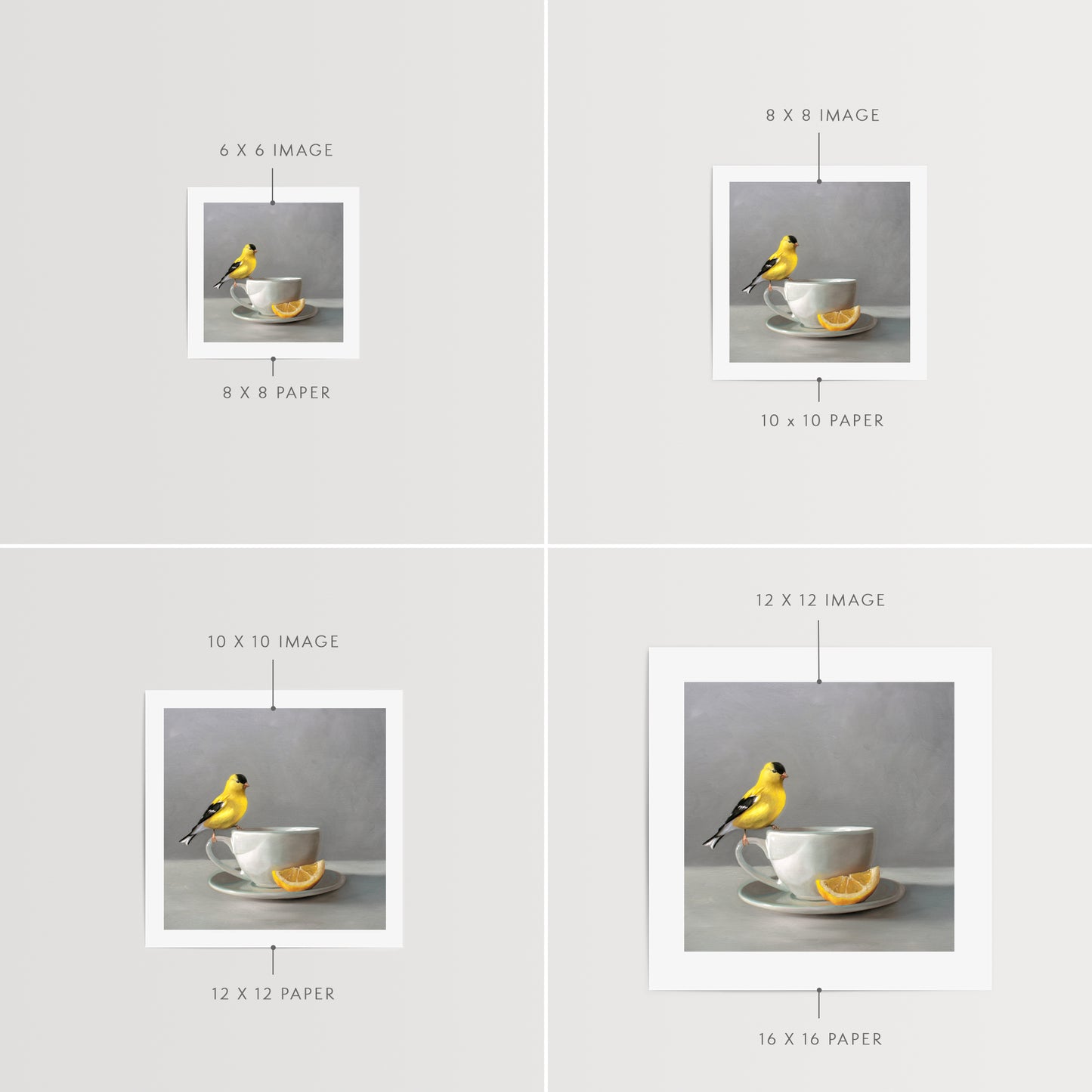 This artwork features an American Goldfinch perched on a cup of lemon tea.This artwork is from a series of paintings that I am working on featuring birds and beverages.