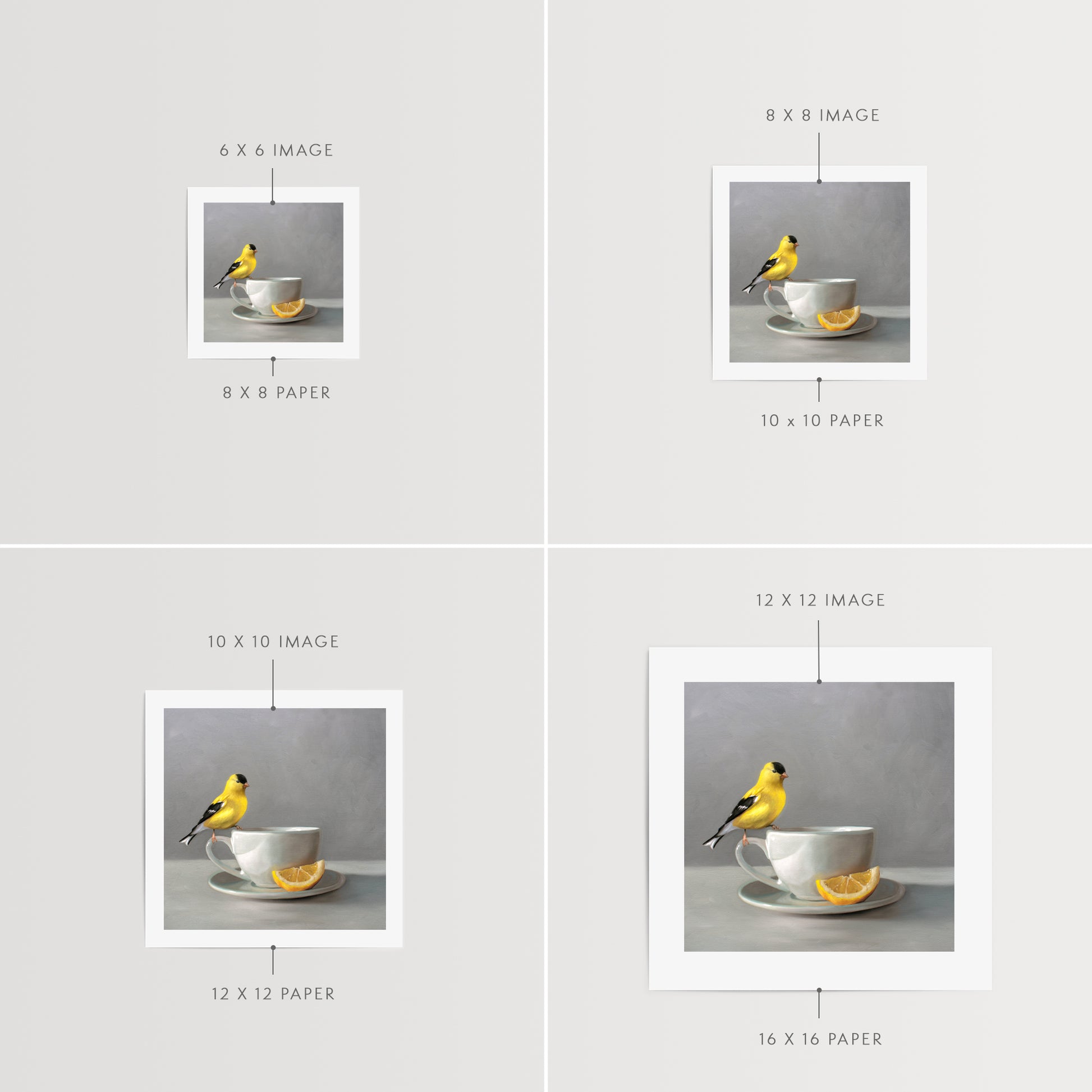 This artwork features an American Goldfinch perched on a cup of lemon tea.This artwork is from a series of paintings that I am working on featuring birds and beverages.