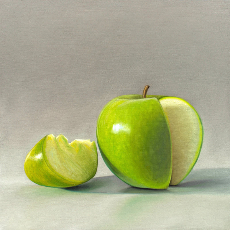 This artwork features a green apple and slice resting on a light surface.