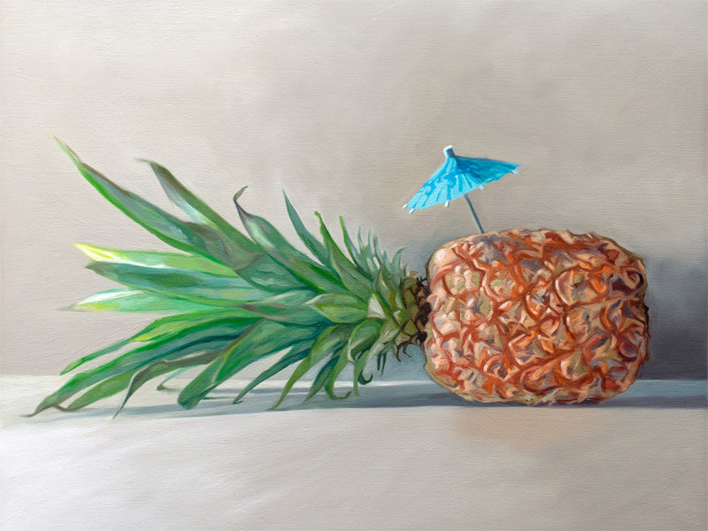 This artwork features a sideways resting pineapple with a blue tropical drink umbrella on top.
