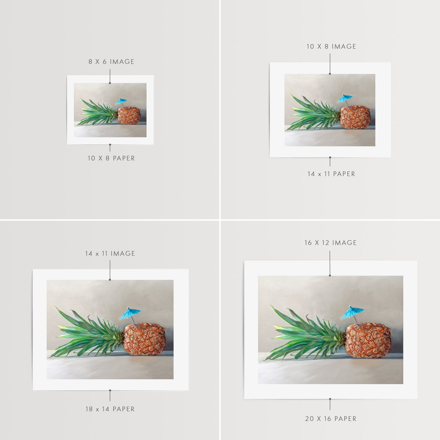 This artwork features a sideways resting pineapple with a blue tropical drink umbrella on top.