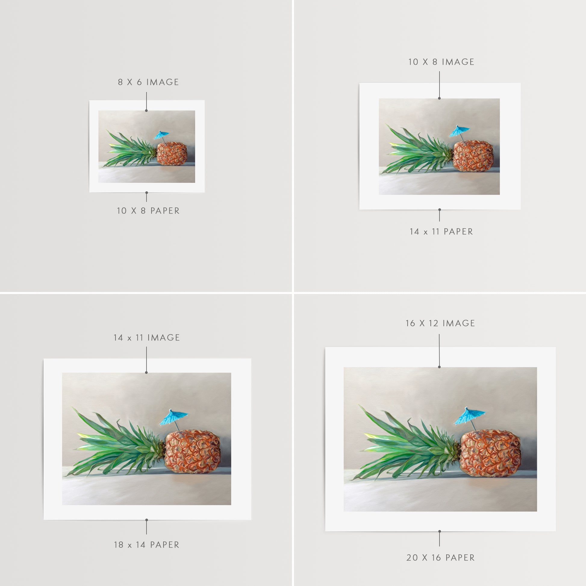 This artwork features a sideways resting pineapple with a blue tropical drink umbrella on top.