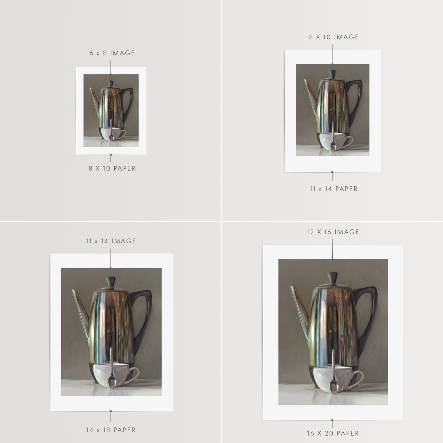 This artwork features a reflective percolator, porcelain coffee cup and small spoon resting on a light reflective surface with neutral grey tones.