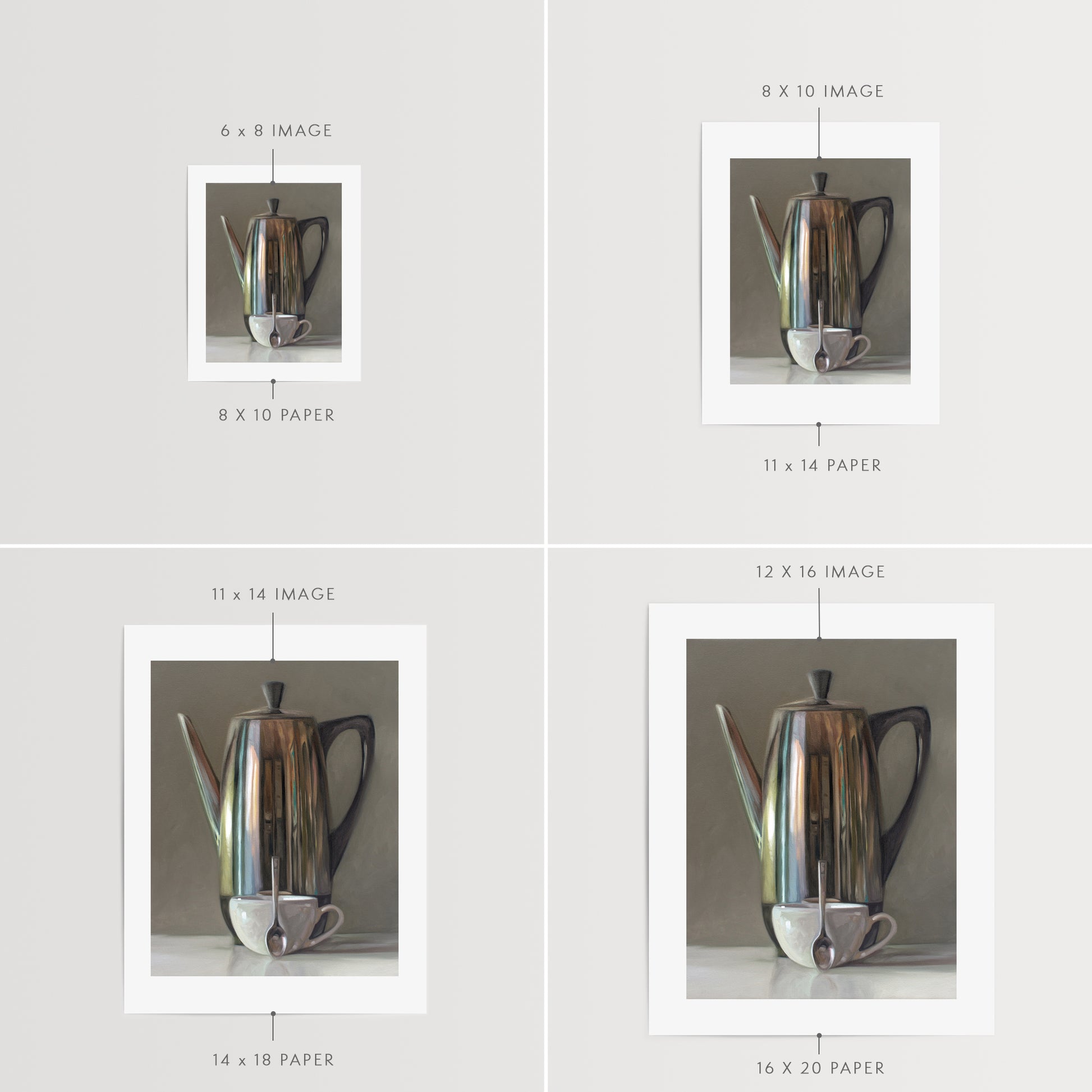 This artwork features a reflective percolator, porcelain coffee cup and small spoon resting on a light reflective surface with neutral grey tones.