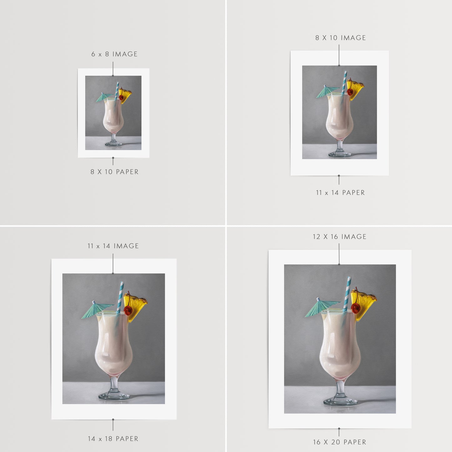 This artwork features a tropical Piña Colada cocktail decked out with a pineapple slice, maraschino cherry, umbrella and turquoise swirly straw.