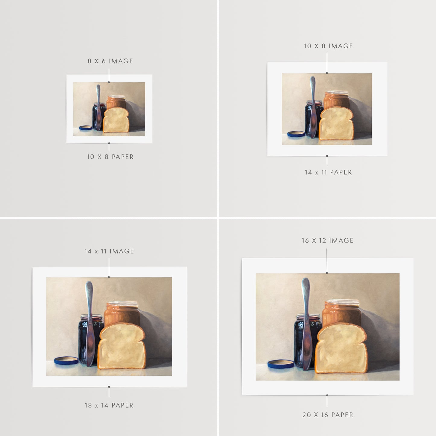 This artwork features all the things required to make a peanut butter and jelly sandwich lined up and ready to go on a light and neutral backdrop with subtle reflections.