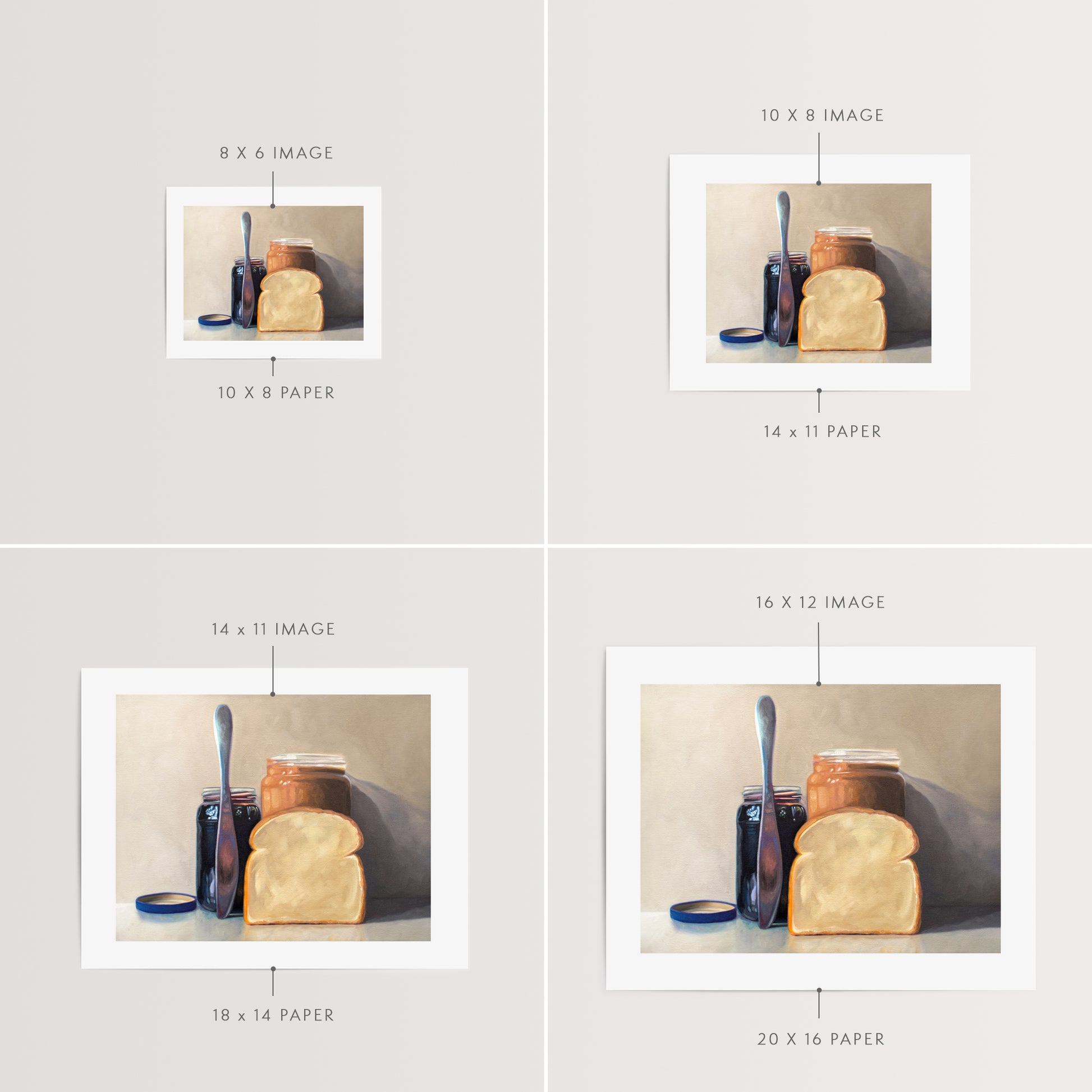 This artwork features all the things required to make a peanut butter and jelly sandwich lined up and ready to go on a light and neutral backdrop with subtle reflections.