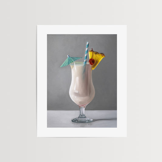 This artwork features a tropical Piña Colada cocktail decked out with a pineapple slice, maraschino cherry, umbrella and turquoise swirly straw.
